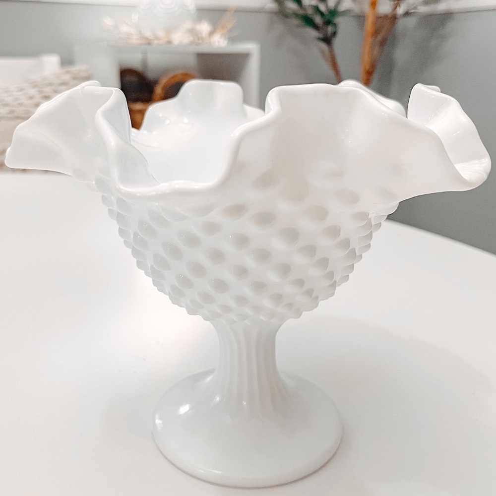 Vintage Fenton Hobnail Milk Glass Pedestal Bowl